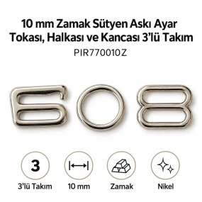 10 mm Zamak Sütyen Askı Ayar Tokası, Halkası ve Kancası 3'lü Takım PIR770010Z