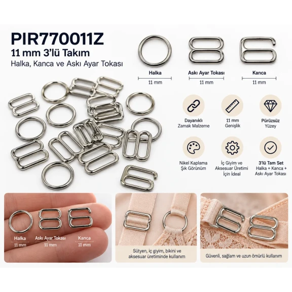 11 mm Zamak Sütyen Askı Ayar Tokası, Halkası ve Kancası 3'lü Takım PIR770011Z