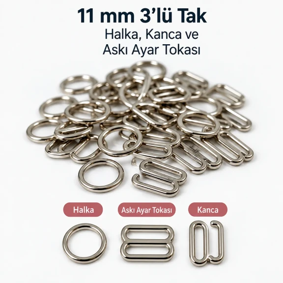 11 mm Zamak Sütyen Askı Ayar Tokası, Halkası ve Kancası 3'lü Takım PIR770011Z