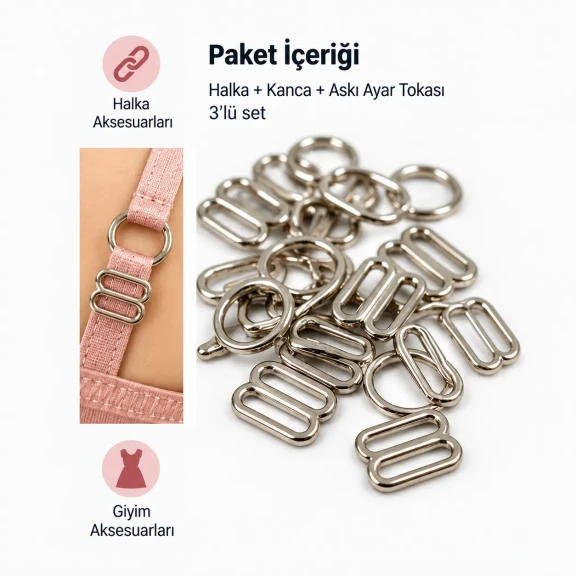 11 mm Zamak Sütyen Askı Ayar Tokası, Halkası ve Kancası 3'lü Takım PIR770011Z