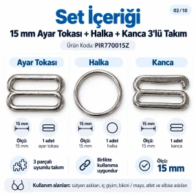 15 mm Zamak Sütyen Askı Ayar Tokası, Halkası ve Kancası 3'lü Takım PIR770015Z