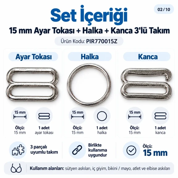 15 mm Zamak Sütyen Askı Ayar Tokası, Halkası ve Kancası 3'lü Takım PIR770015Z