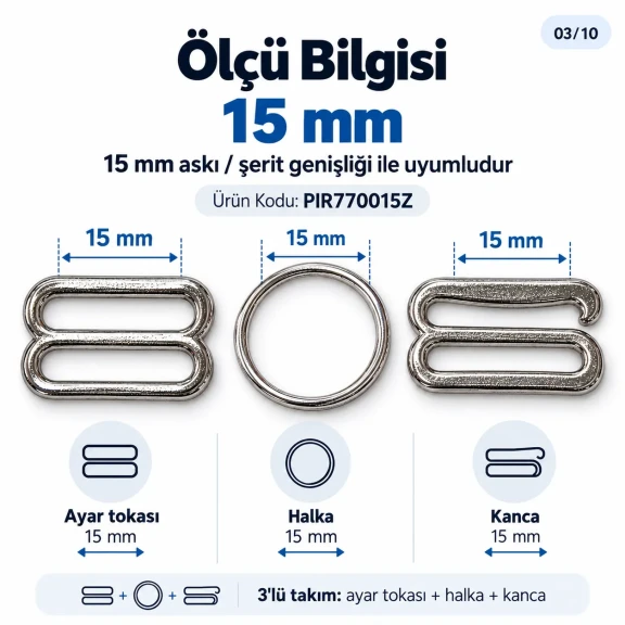 15 mm Zamak Sütyen Askı Ayar Tokası, Halkası ve Kancası 3'lü Takım PIR770015Z