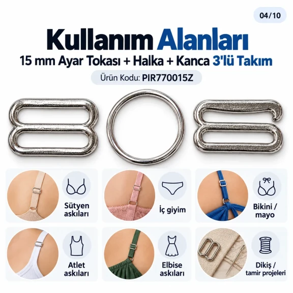 15 mm Zamak Sütyen Askı Ayar Tokası, Halkası ve Kancası 3'lü Takım PIR770015Z