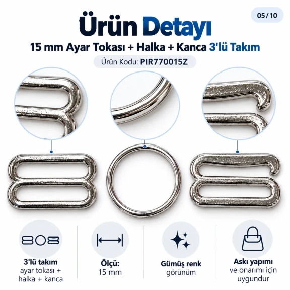 15 mm Zamak Sütyen Askı Ayar Tokası, Halkası ve Kancası 3'lü Takım PIR770015Z