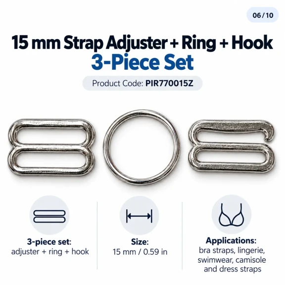15 mm Zamak Sütyen Askı Ayar Tokası, Halkası ve Kancası 3'lü Takım PIR770015Z