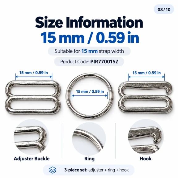 15 mm Zamak Sütyen Askı Ayar Tokası, Halkası ve Kancası 3'lü Takım PIR770015Z