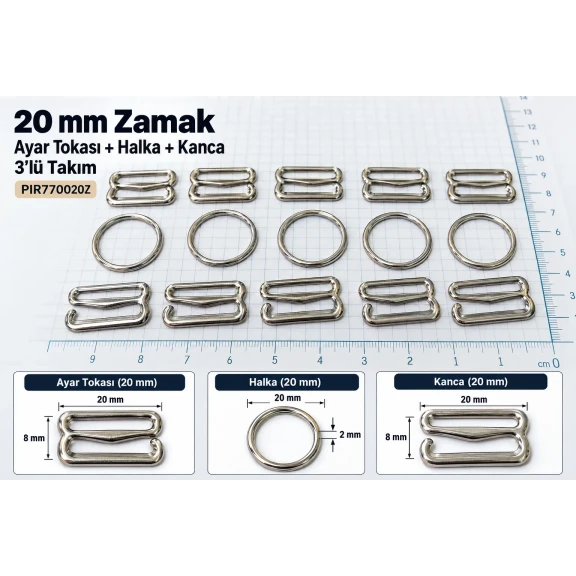 20 mm Zamak Sütyen Askı Ayar Tokası, Halkası ve Kancası 3'lü Takım PIR770020Z