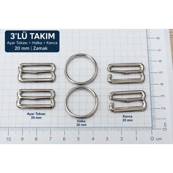 20 mm Zamak Sütyen Askı Ayar Tokası, Halkası ve Kancası 3'lü Takım PIR770020Z
