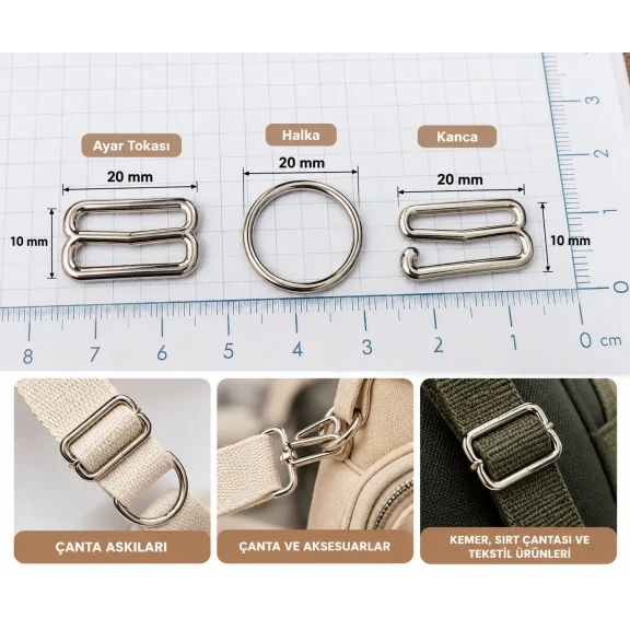 20 mm Zamak Sütyen Askı Ayar Tokası, Halkası ve Kancası 3'lü Takım PIR770020Z