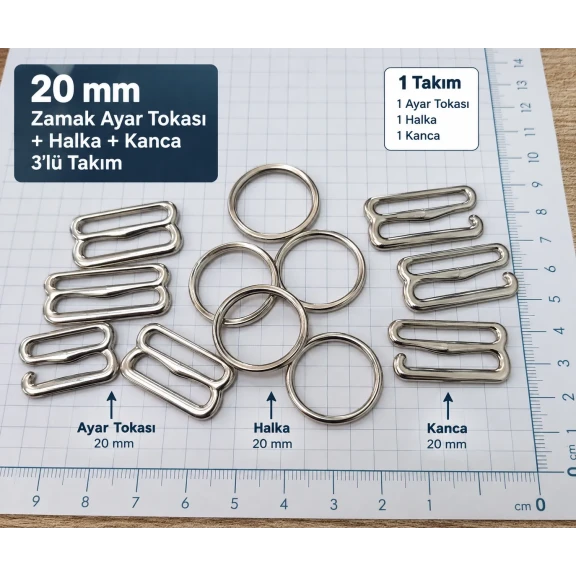 20 mm Zamak Sütyen Askı Ayar Tokası, Halkası ve Kancası 3'lü Takım PIR770020Z