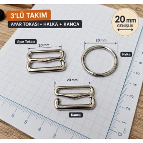 20 mm Zamak Sütyen Askı Ayar Tokası, Halkası ve Kancası 3'lü Takım PIR770020Z