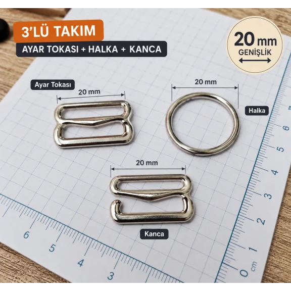 20 mm Zamak Sütyen Askı Ayar Tokası, Halkası ve Kancası 3'lü Takım PIR770020Z
