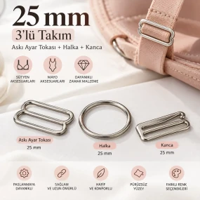 25 mm Zamak Sütyen Askı Ayar Tokası, Halkası ve Kancası 3'lü Takım PIR770025Z