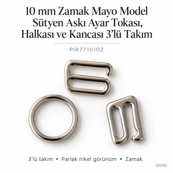 10 mm Zamak Mayo Model Sütyen Askı Ayar Tokası, Halkası ve Kancası 3'lü Takım PIR771010Z