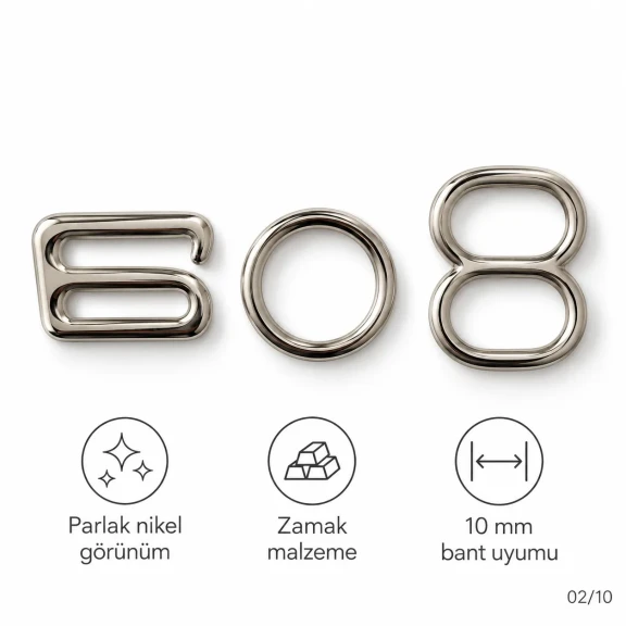 10 mm Zamak Mayo Model Sütyen Askı Ayar Tokası, Halkası ve Kancası 3'lü Takım PIR771010Z