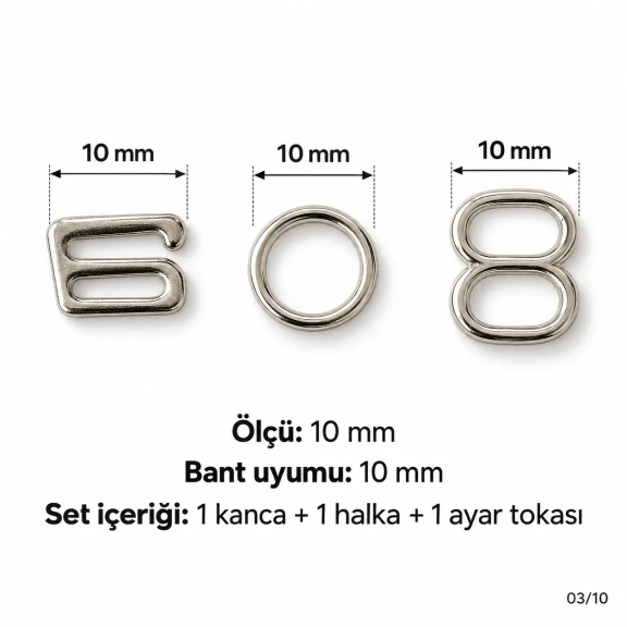 10 mm Zamak Mayo Model Sütyen Askı Ayar Tokası, Halkası ve Kancası 3'lü Takım PIR771010Z