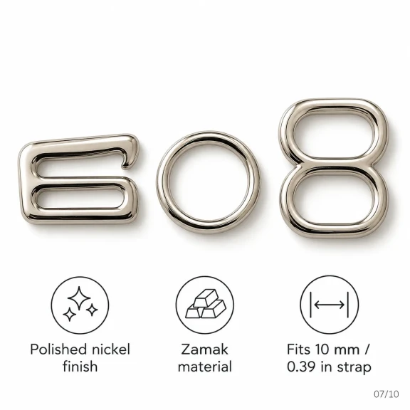 10 mm Zamak Mayo Model Sütyen Askı Ayar Tokası, Halkası ve Kancası 3'lü Takım PIR771010Z