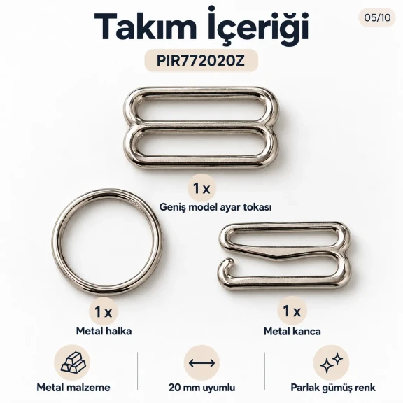 20 mm / 0.79 in Zamak Wide-Body Bra Strap Slider, Ring and Hook 3-Piece Set PIR772020Z