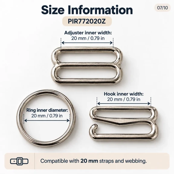 20 mm / 0.79 in Zamak Wide-Body Bra Strap Slider, Ring and Hook 3-Piece Set PIR772020Z