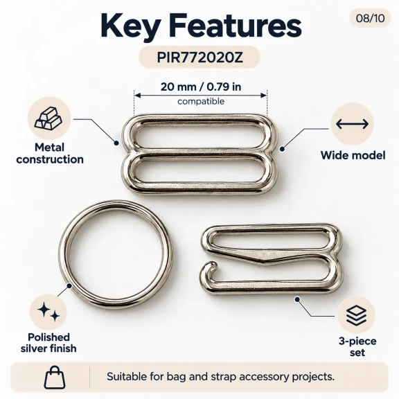 20 mm / 0.79 in Zamak Wide-Body Bra Strap Slider, Ring and Hook 3-Piece Set PIR772020Z