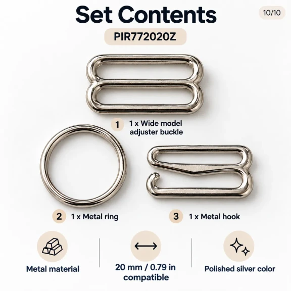 20 mm / 0.79 in Zamak Wide-Body Bra Strap Slider, Ring and Hook 3-Piece Set PIR772020Z