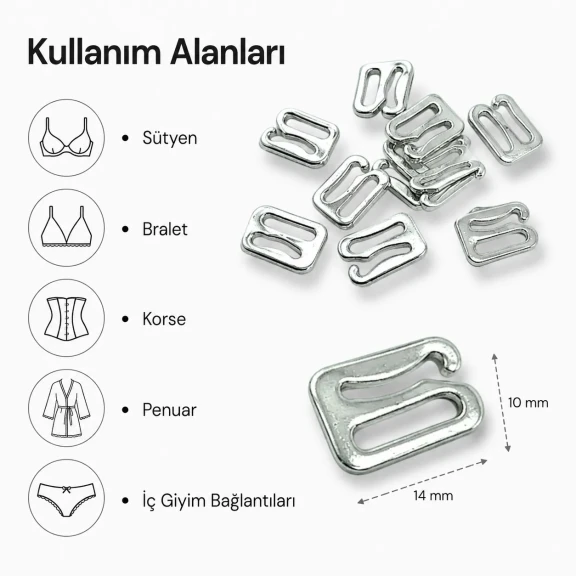 10 mm Zamak Metal Sütyen Kancası CT02637, iç giyim aksesuarı, zamak metal malzeme, 10,2 mm bant geçişi ile uyumlu