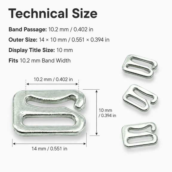 10 mm Zamak Metal Sütyen Kancası CT02637, iç giyim aksesuarı, zamak metal malzeme, 10,2 mm bant geçişi ile uyumlu