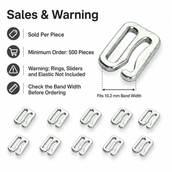 10 mm Zamak Metal Sütyen Kancası CT02637, iç giyim aksesuarı, zamak metal malzeme, 10,2 mm bant geçişi ile uyumlu