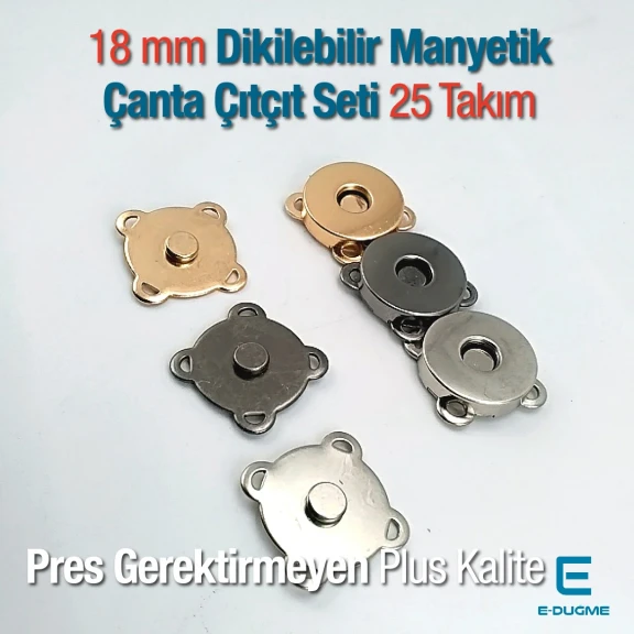 18 mm Dikilebilir Manyetik Çanta Çıtçıt Seti 25 Takım (50 Parça) 10132DIKPK25