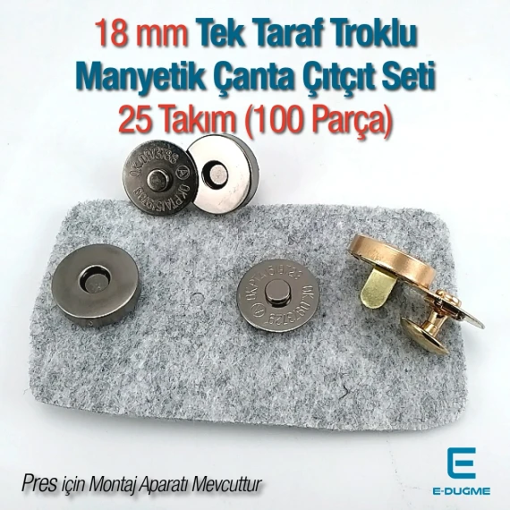 18 mm Tek Taraf Troklu Manyetik Çanta Çıtçıt Seti 25 Takım (100 Parça) 10132TekTPK25