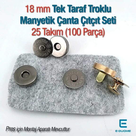 18 mm Tek Taraf Troklu Manyetik Çanta Çıtçıt Seti 25 Takım (100 Parça) 10132TekTPK25
