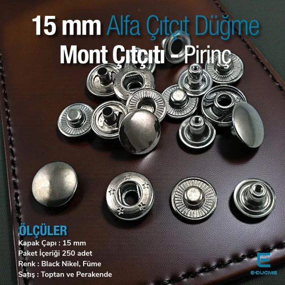 15 mm Alfa Çıt çıt Düğme Black Nikel Pirinç Çıtçıt Düğme 100 Ad/ Pack C000100PRPROMO