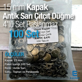 Çıtçıt Düğme 15 mm Paslanmaz Antik Sarı Renk 100 adet/Pk C00016PPKAS