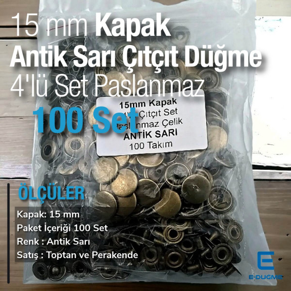 Çıtçıt Düğme 15 mm Paslanmaz Antik Sarı Renk 100 adet/Pk C00016PPKAS