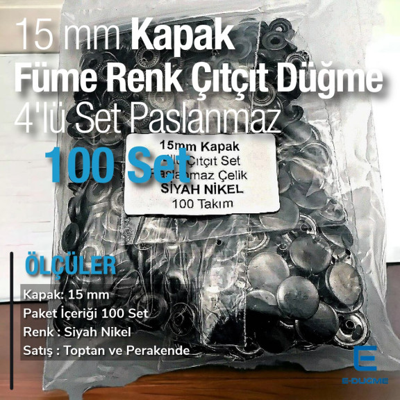 Çıtçıt Düğme 15 mm Paslanmaz Füme - Balck Nikel Renk 100 adet/Pk C00016PPKBN
