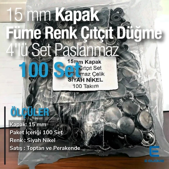 Çıtçıt Düğme 15 mm Paslanmaz Füme - Black Nikel Renk 100 adet/Pk C00016PPKBN
