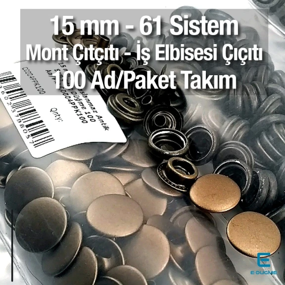 15 mm Paslanmaz Çıtçıt Antik Sarı 100 Adet/Paket 61 Çıtçıt Düğme C0004P15PKAntS