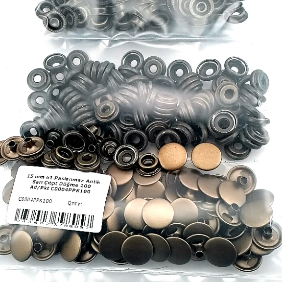 15 mm Paslanmaz Çıtçıt Antik Sarı 100 Adet/Paket 61 Çıtçıt Düğme C0004P15PKAntS
