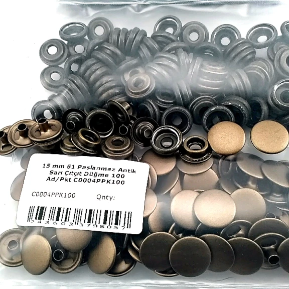 15 mm Paslanmaz Çıtçıt Antik Sarı 100 Adet/Paket 61 Çıtçıt Düğme C0004P15PKAntS