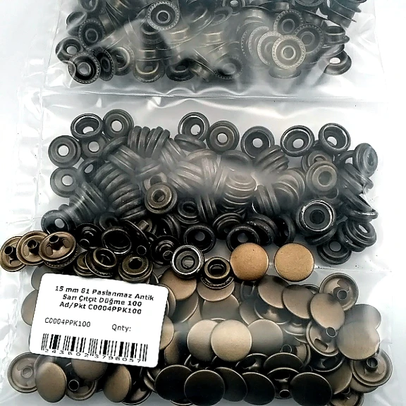 15 mm Paslanmaz Çıtçıt Antik Sarı 100 Adet/Paket 61 Çıtçıt Düğme C0004P15PKAntS