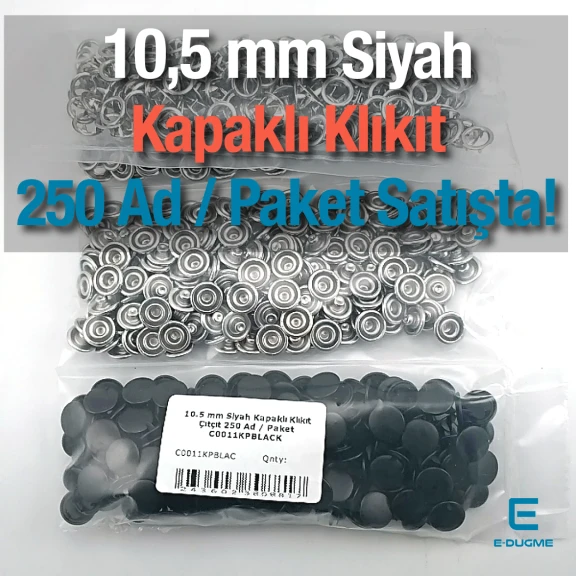 10,5 mm Paslanmaz Siyah Kapaklı Klikıt Çıtçıt 250 Adet/ Paket C0011KPBLACK