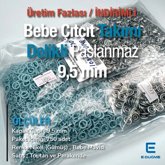 Bebe Çıtçıtı 9,5 mm Bebe Mavisi Paslanmaz Delikli Klikıt Çıtçıt 250 Adet/Pk C0095DPBBlue Bebe Çıtçıtı 9,5 mm Bebe Mavisi Paslanmaz Delikli Klikıt Çıtçıt 250 Adet/Pk C0095DPBBlue