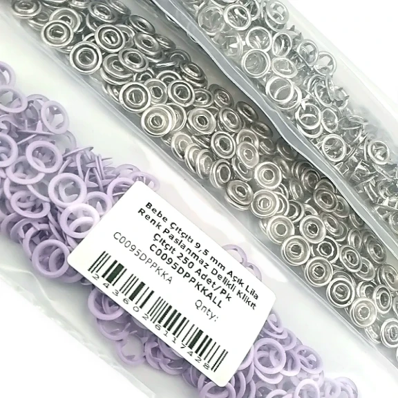 Bebe Çıtçıtı 9,5 mm Açık Lila Renk Paslanmaz Delikli Klikıt Çıtçıt 250 Adet/Pk - Bebek giyim ve çocuk giyimde kullanıma