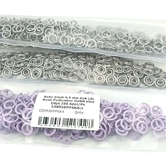 Bebe Çıtçıtı 9,5 mm Açık Lila Renk Paslanmaz Delikli Klikıt Çıtçıt 250 Adet/Pk - Bebek giyim ve çocuk giyimde kullanıma