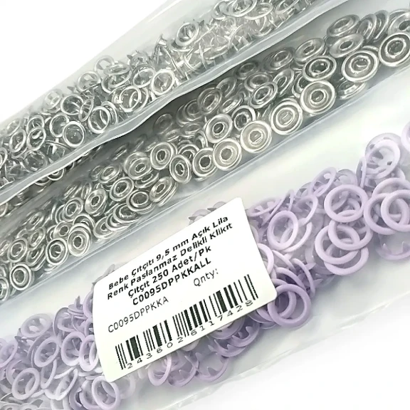 Bebe Çıtçıtı 9,5 mm Açık Lila Renk Paslanmaz Delikli Klikıt Çıtçıt 250 Adet/Pk - Bebek giyim ve çocuk giyimde kullanıma