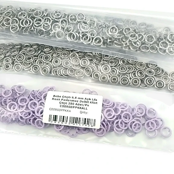 Bebe Çıtçıtı 9,5 mm Açık Lila Renk Paslanmaz Delikli Klikıt Çıtçıt 250 Adet/Pk - Bebek giyim ve çocuk giyimde kullanıma