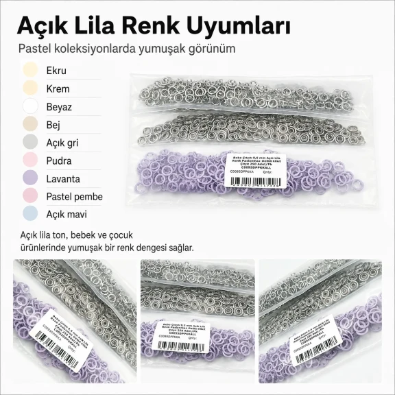 Bebe Çıtçıtı 9,5 mm Açık Lila Renk Paslanmaz Delikli Klikıt Çıtçıt 250 Adet/Pk - Bebek giyim ve çocuk giyimde kullanıma