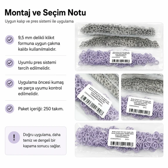 Bebe Çıtçıtı 9,5 mm Açık Lila Renk Paslanmaz Delikli Klikıt Çıtçıt 250 Adet/Pk - Bebek giyim ve çocuk giyimde kullanıma