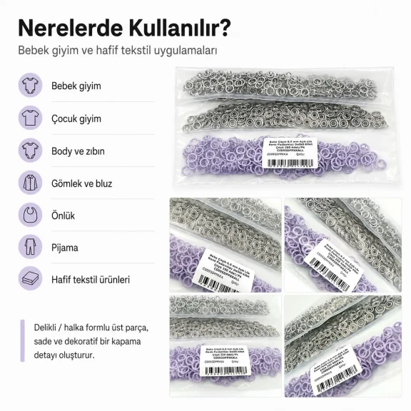 Bebe Çıtçıtı 9,5 mm Açık Lila Renk Paslanmaz Delikli Klikıt Çıtçıt 250 Adet/Pk - Bebek giyim ve çocuk giyimde kullanıma